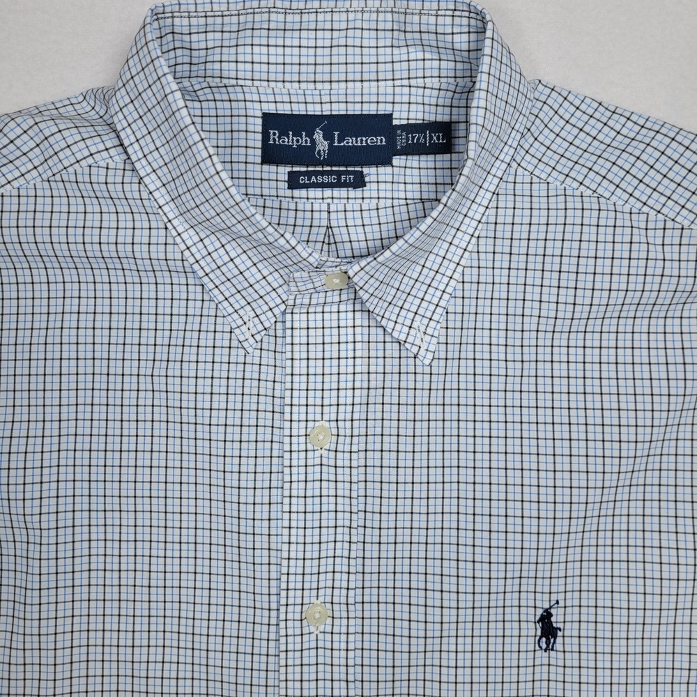 Ralph Lauren Mens XL 17.5 Classic Fit Gingham Check Button Down Cotton Blue/Gray